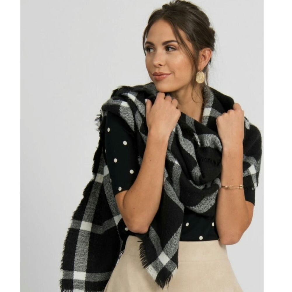 Agnes & Dora Black and Ivory Windowpane Plaid Blanket Scarf.